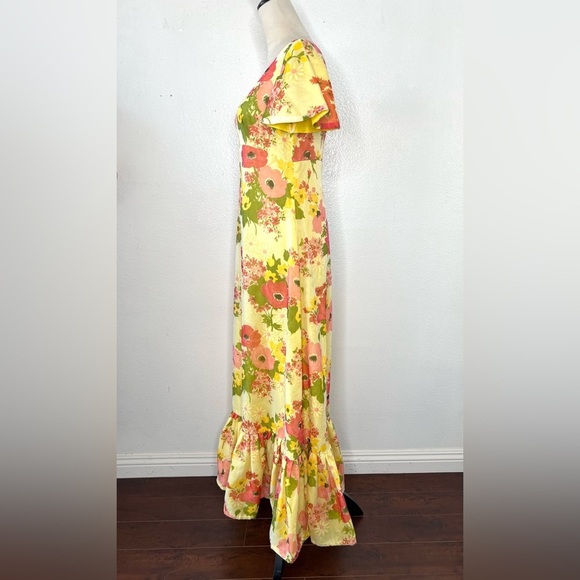 VINTAGE 1970s Floral Maxi Dress Yellow Prairie Gown Bohemian 70s Boho Hippie - Picture 4 of 9